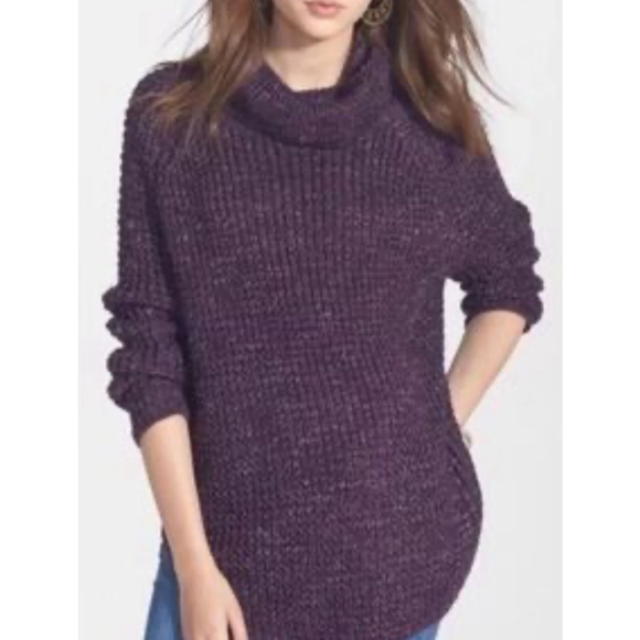 Free People Wool Blend Oversized Dylan Tweedy Purple Cowl Neck Sweater Sz Medium - Picture 1 of 6